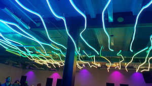 A few cool blue lights snake across the ceiling at Stellar - Festival of Lights, part of Elemental AKL 2019