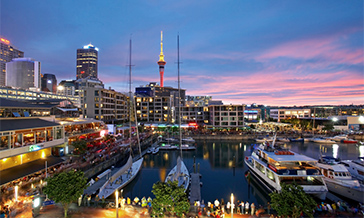 Auckland’s Viaduct Harbour lit up at dusk with Sky Tower in background 
