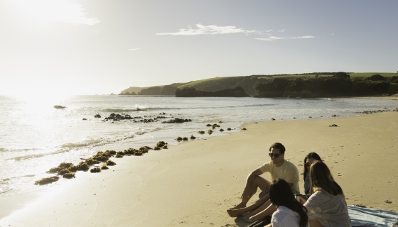 Four people sitting on the beach