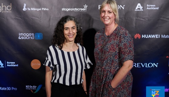 Jasmine Millet, Manager Screen Auckland (left) congratulates Britta Hawkins, Producer, ‘Fresh Eggs’